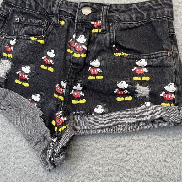 Forever 21 Mickey Mouse Denim Shorts Womens 24 Black Jean Mid Rise Very Short - Picture 2 of 14